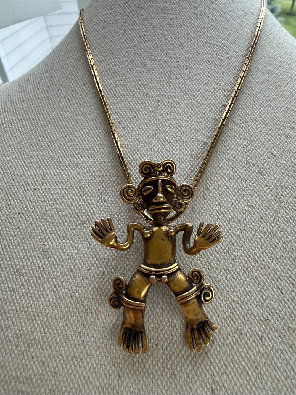 Gold Tone Tribal Figure Pendant Necklace - Mayan Columbian museum